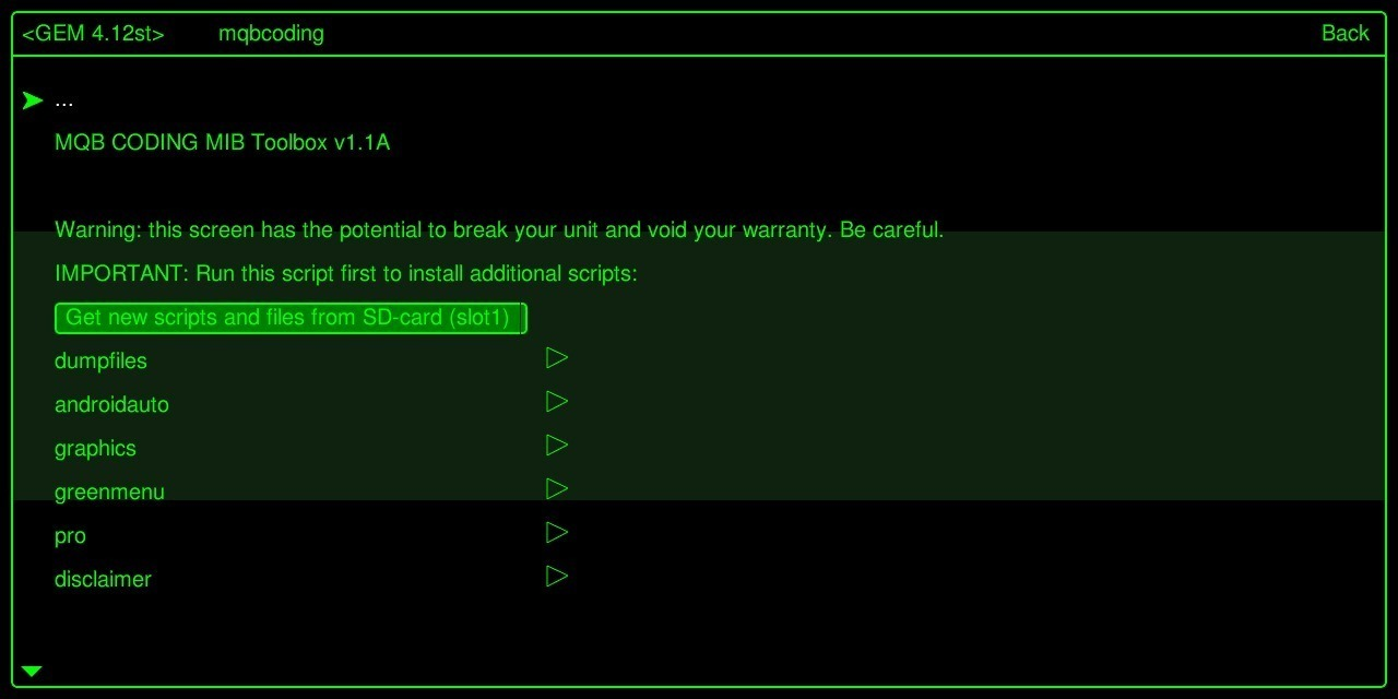 The MQB Coding toolbox menu