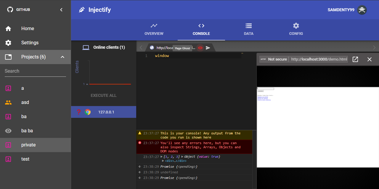 Screenshot of the Injectify UI