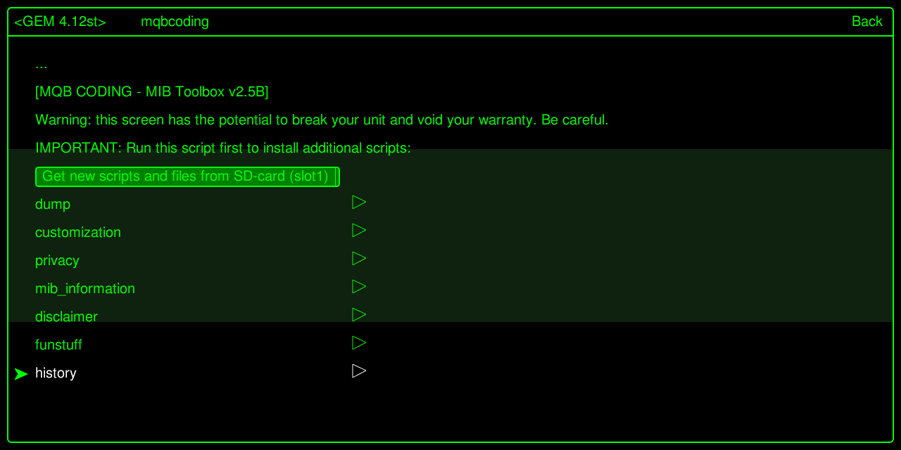 The MQB Coding toolbox menu