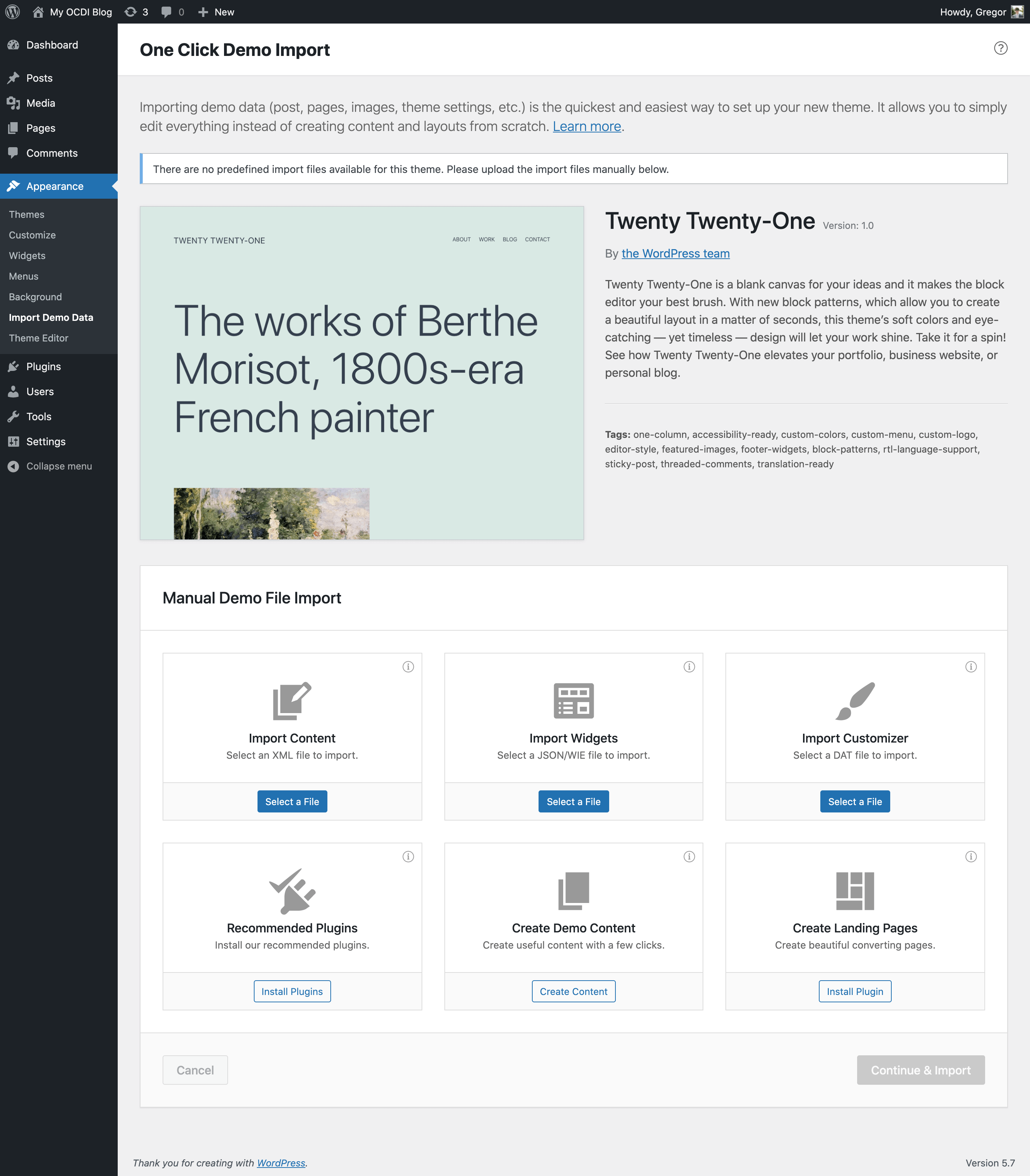 Example of how the import page looks like, when no demo imports are predefined a.k.a manual import.