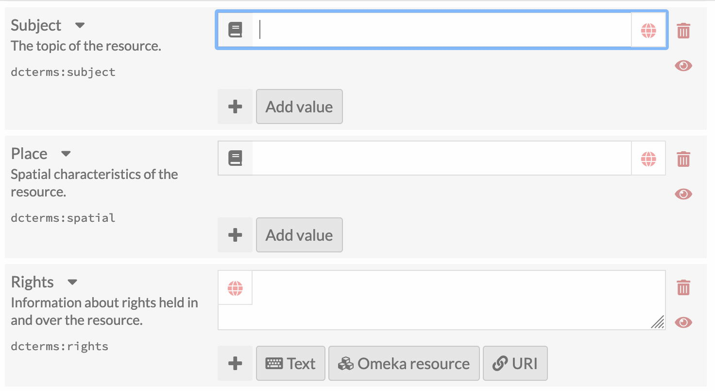 Item property Subject is typed in the field. A drop-down menu auto-suggests items